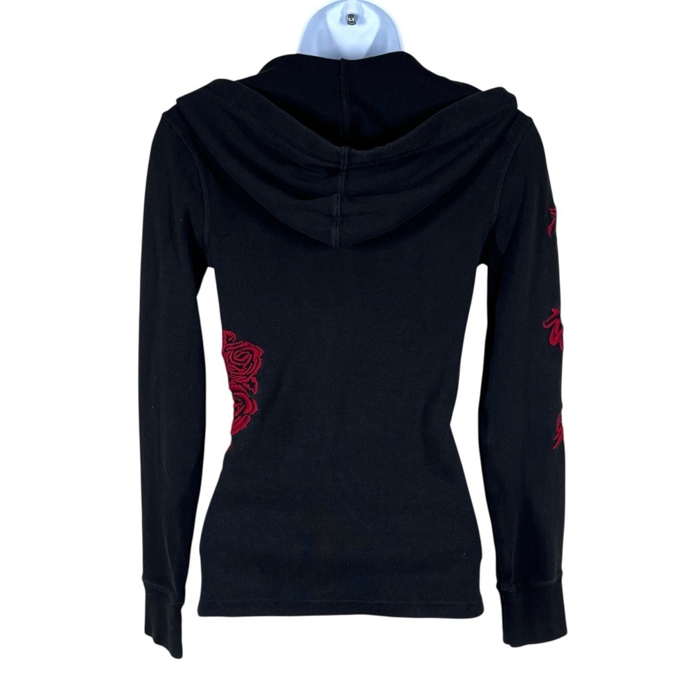 Vtg Lucky Brand Embroidered Roses Full Zip Hoodie Sz S Slim Fit Black Stretch - Picture 4 of 8